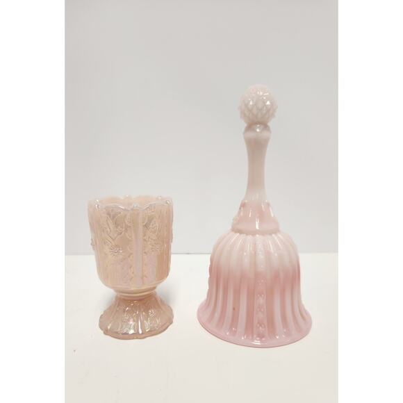 Vintage Fenton Pink Opalescent Glass Bell & Goblet Set Iridescent Rose Colonial - Picture 1 of 12